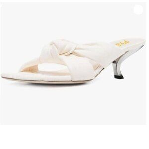 FYS Women Open Square Toe Heeled Mules Bowknot Cross Strap Slide Sandals White